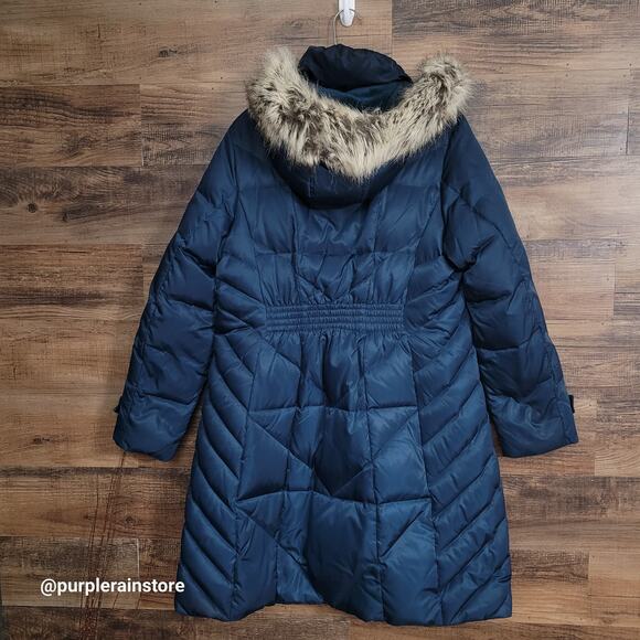 Jones New York Down Quilted Puffer Parka XL Faux Fur Blue Preppy Outdoor Winter - Picture 2 of 16